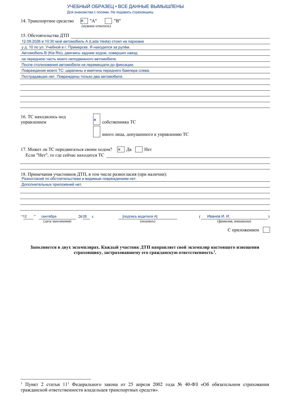Учебный пример оборотной стороны водителя А
