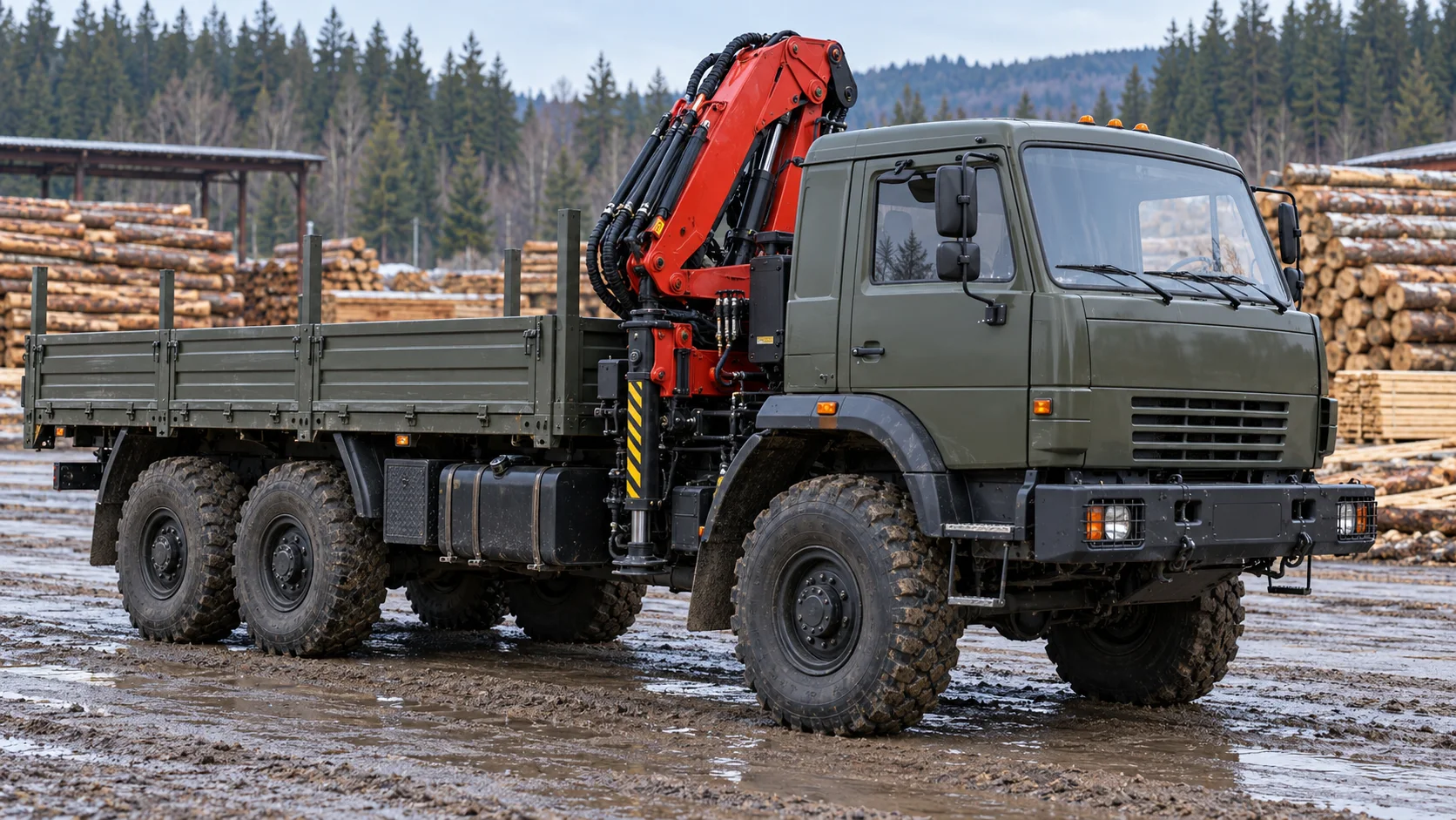 Авторское изображение грузовика с шарнирно-сочленённым краном-манипулятором